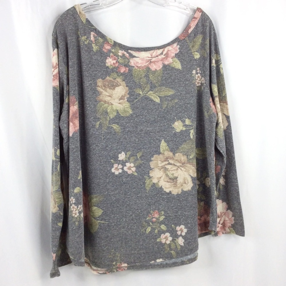e Luna Wide Neck Top Women's Plus Size 2X Gray Pink Floral Long Sleeve
